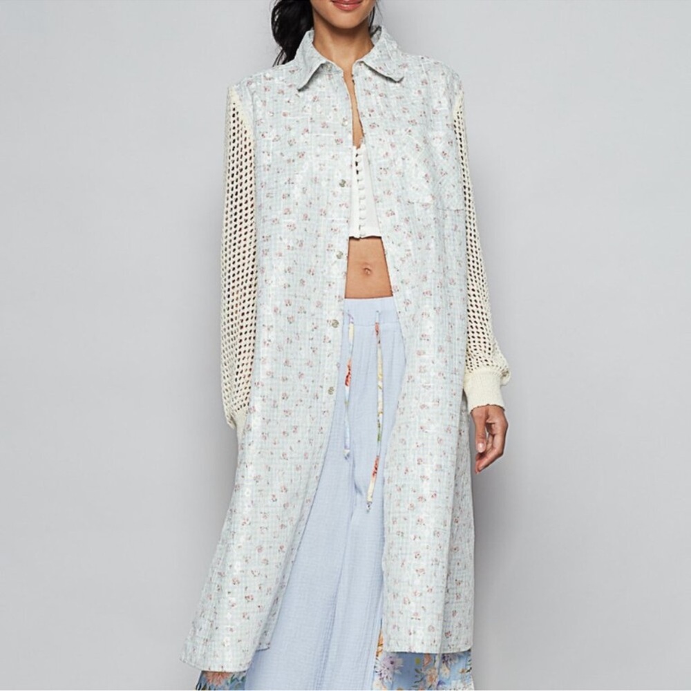 POL Long Floral Crochet Duster